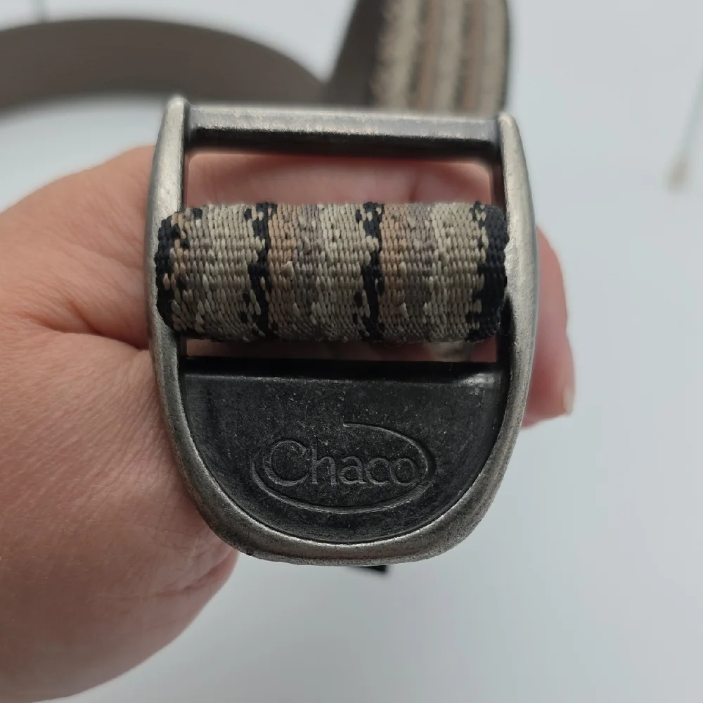 Chaco Men's Striped Tan, Gray & Black Webbed With Metal Buckle Belt